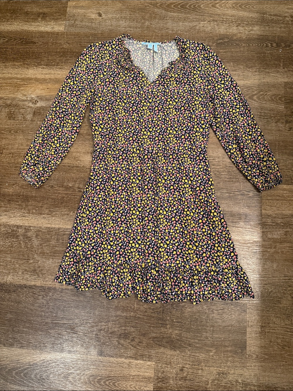 Draper James Black Floral Mini Dress with Pink and Yellow Dots